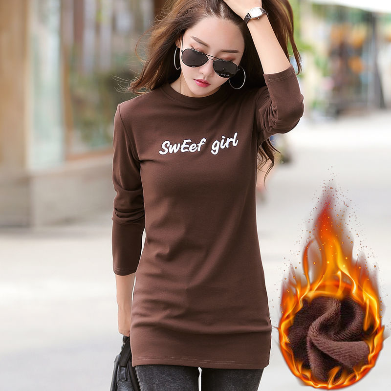 Pure cotton half-high collar long-sleeved t-shirt women's autumn and winter white plus velvet thick bottoming shirt with spring and autumn mid-length top