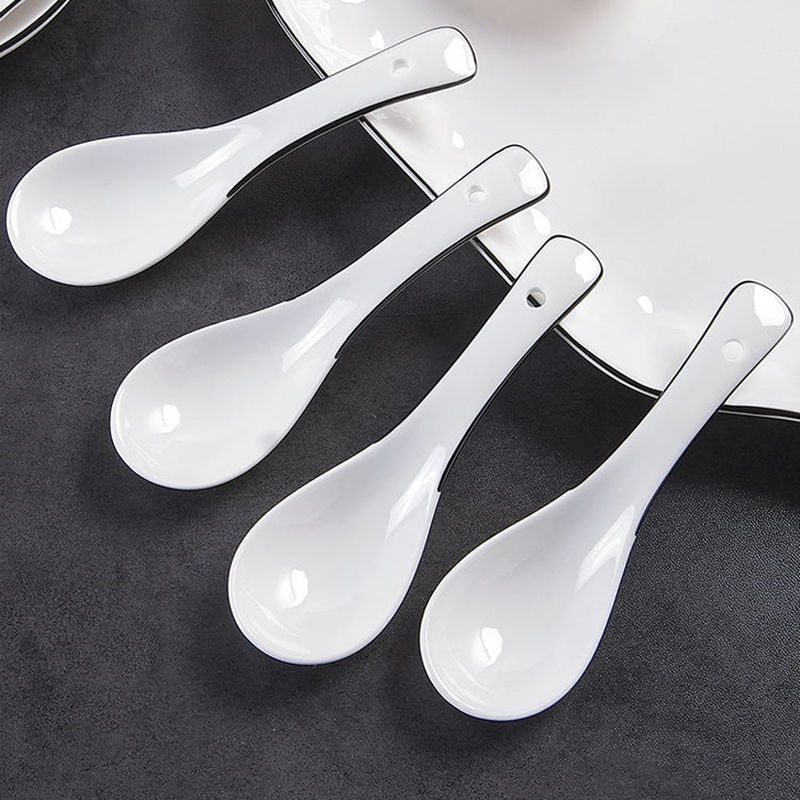 汤勺陶瓷勺子调羹勺家用高颜值纯白色小勺中式汤勺黑线白汤匙饭勺