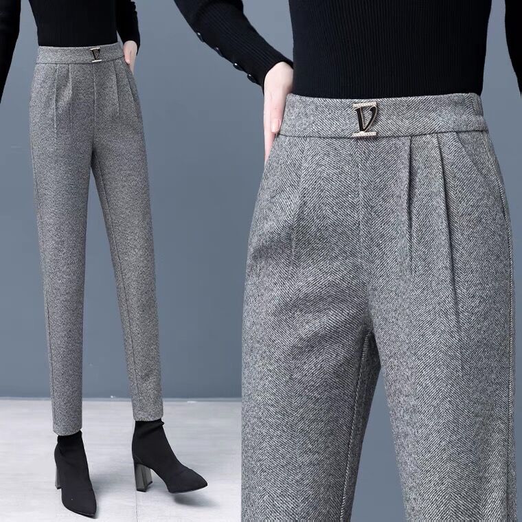 Herringbone pattern woolen trousers women's autumn and winter 2022 new high waist loose straight harem trousers look thin and small feet radish trousers