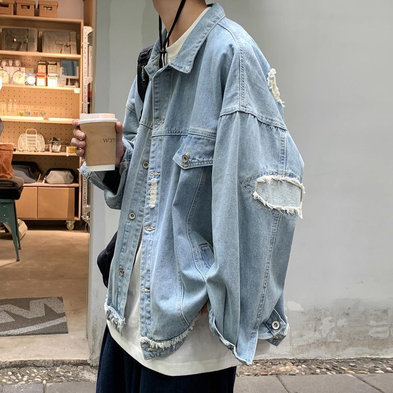 Hong Kong style small scratched denim jacket trendy brand tops large size men's clothing loose casual all-match coat men autumn and winter