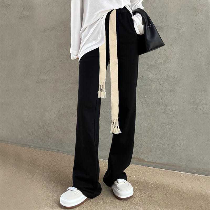 Spring and autumn plus-size wide-leg pants women's all-match 2022 new hand-woven drawstring fat mm loose slim straight-leg pants