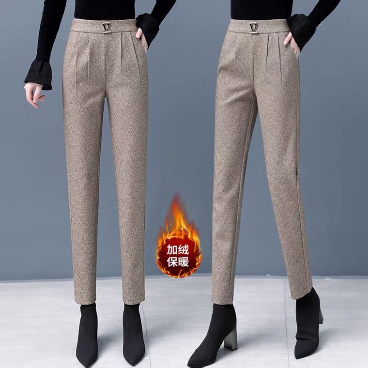 Herringbone pattern woolen trousers women's autumn and winter 2022 new high waist loose straight harem trousers look thin and small feet radish trousers