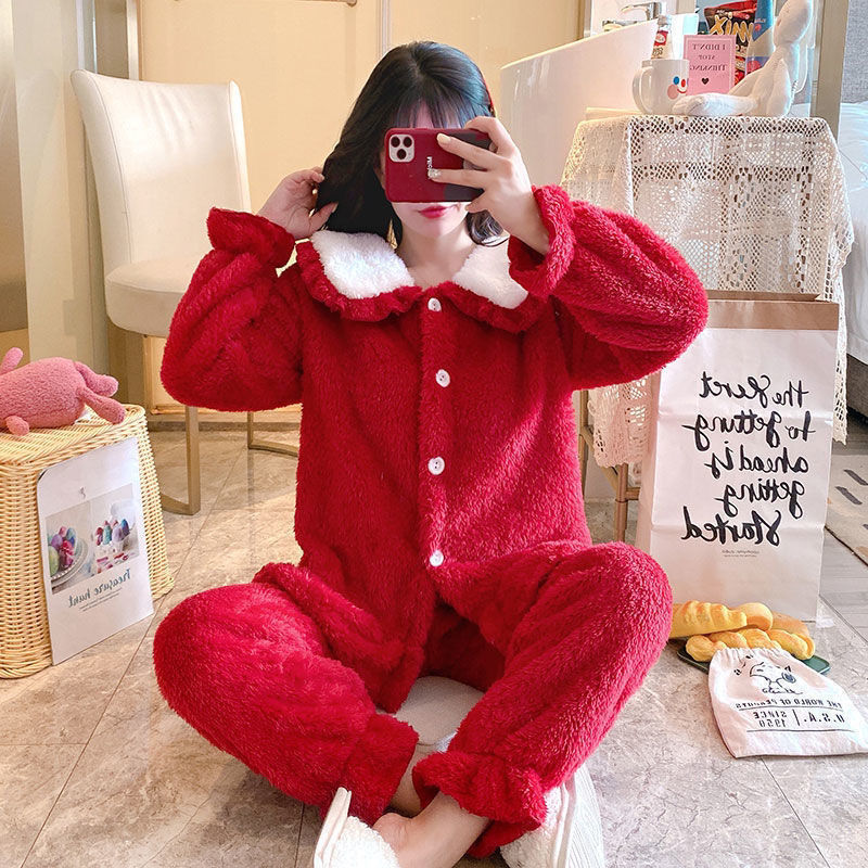 Pajamas women's winter suit plus velvet thickened coral fleece new student girl flannel home clothes suit large size