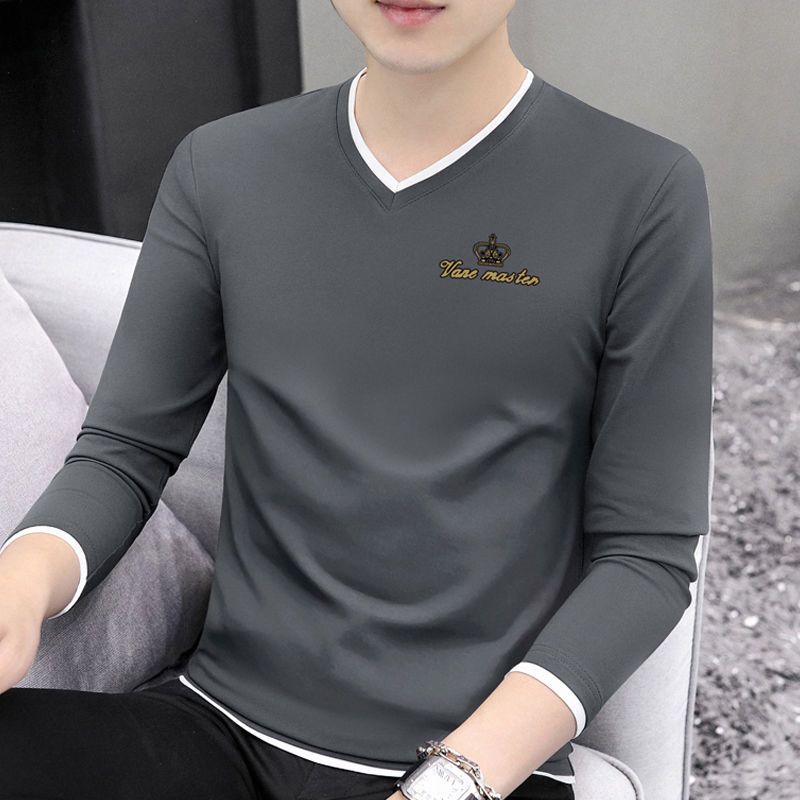 (95%棉质量款)V领男士长袖T恤 韩版秋季打底衫潮流青年男装上衣服
