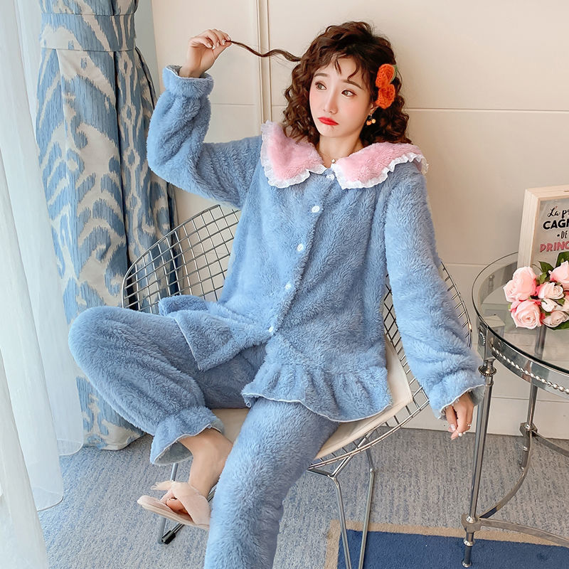 Pajamas women's winter suit plus velvet thickened coral fleece new student girl flannel home clothes suit large size