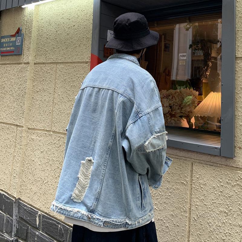 Hong Kong style small scratched denim jacket trendy brand tops large size men's clothing loose casual all-match coat men autumn and winter