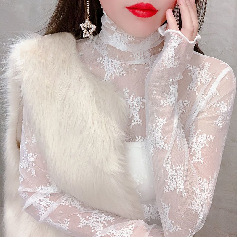 柔軟高領蕾絲打底衫女洋氣秋冬毛衣內搭溫柔木耳邊網紗上衣小衫仙