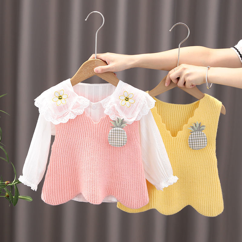 女宝宝秋装新款2021超洋气上衣女童衬衫小女孩套装针织马甲两件套