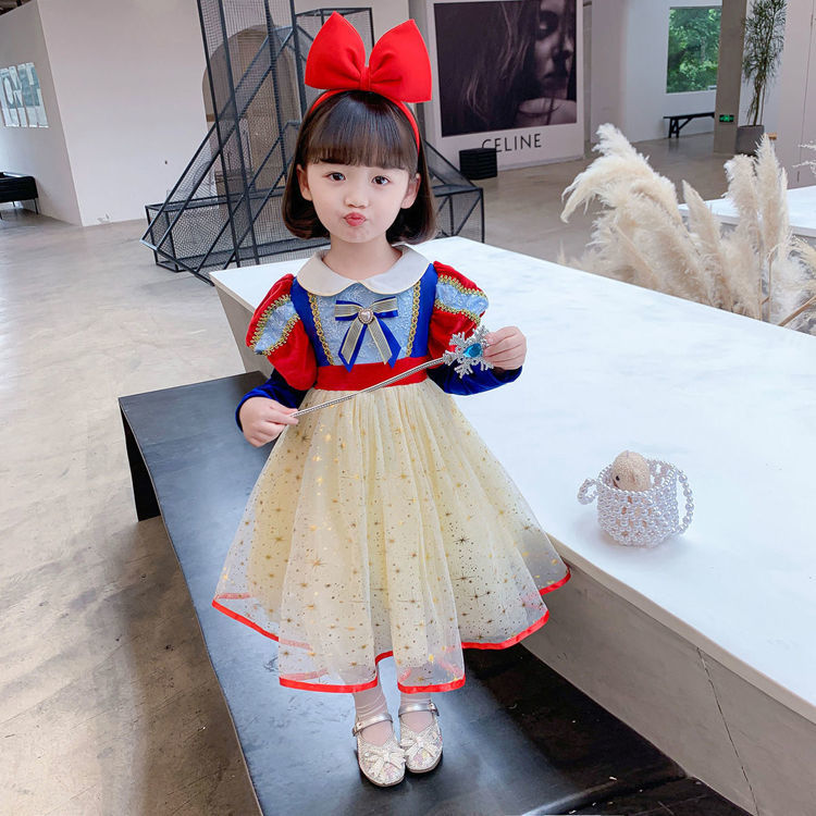 Snow White Dress Spring and Autumn Long-sleeved Aisha Frozen Princess Dress Children's Female Disney New Year's Eve Dress Skirt