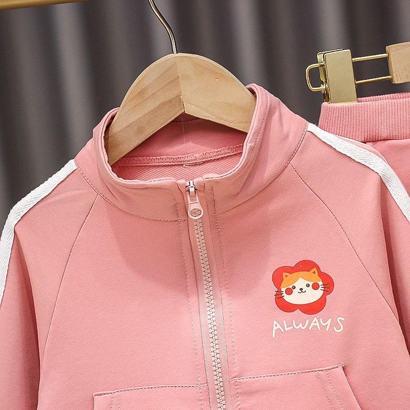 Girls' suit autumn clothes  new children's foreign style high collar stand collar coat girl baby loose sports two-piece suit