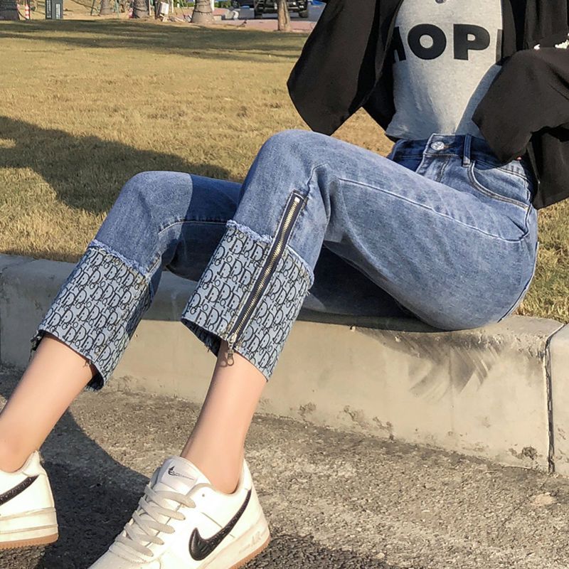 設計感直筒開叉牛仔褲女春秋冬大碼胖mm韓版寬鬆顯瘦側拉鏈煙管褲