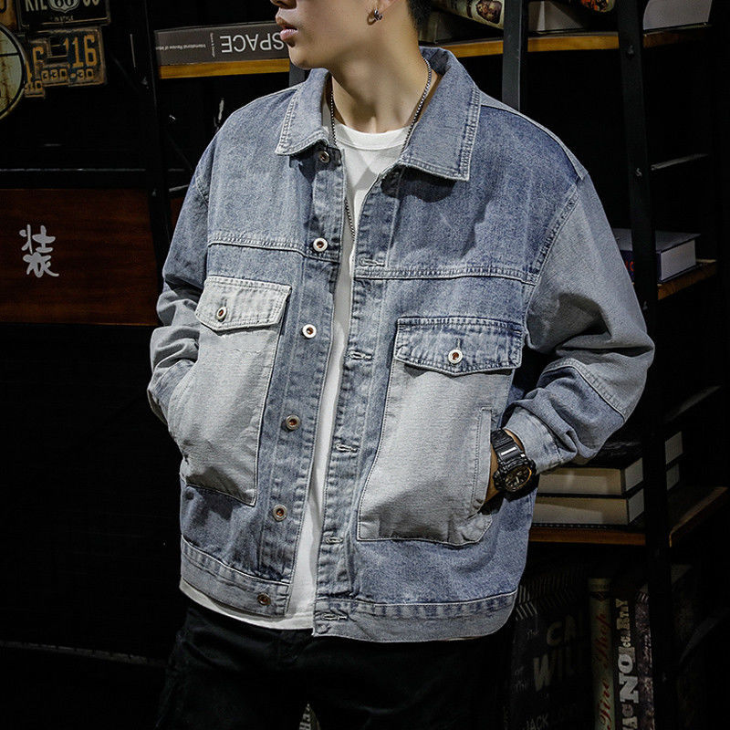 Spring and Autumn washed retro splicing workwear denim jacket men's trendy brand loose large size fat men's casual denim jacket
