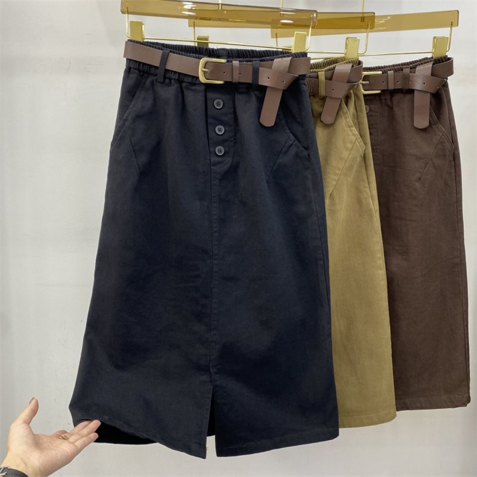 Washed cotton European station mid-length skirt women's spring and autumn new high waist slit bag hip skirt a-line skirt