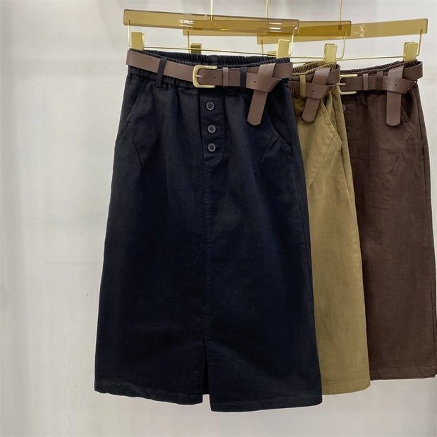 Washed cotton European station mid-length skirt women's spring and autumn new high waist slit bag hip skirt a-line skirt