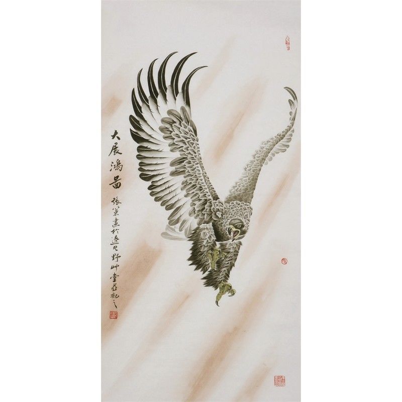 纯手绘四尺条幅张策工笔老鹰雄鹰大展宏图名人字画中国画书画