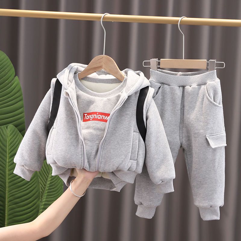 宝宝冬装棉衣套装2021新款男童加绒加厚卫衣三件套婴幼儿棉衣童装