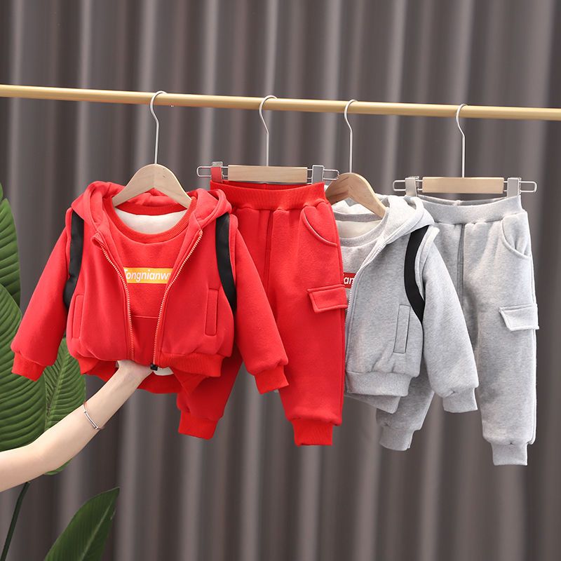 宝宝冬装棉衣套装2021新款男童加绒加厚卫衣三件套婴幼儿棉衣童装