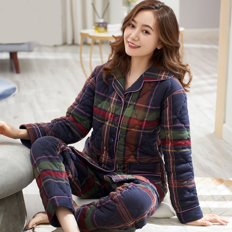 Three-layer quilted pajamas women's winter thickening and fattening plus size pure cotton warm autumn and winter confinement clothing home service suit