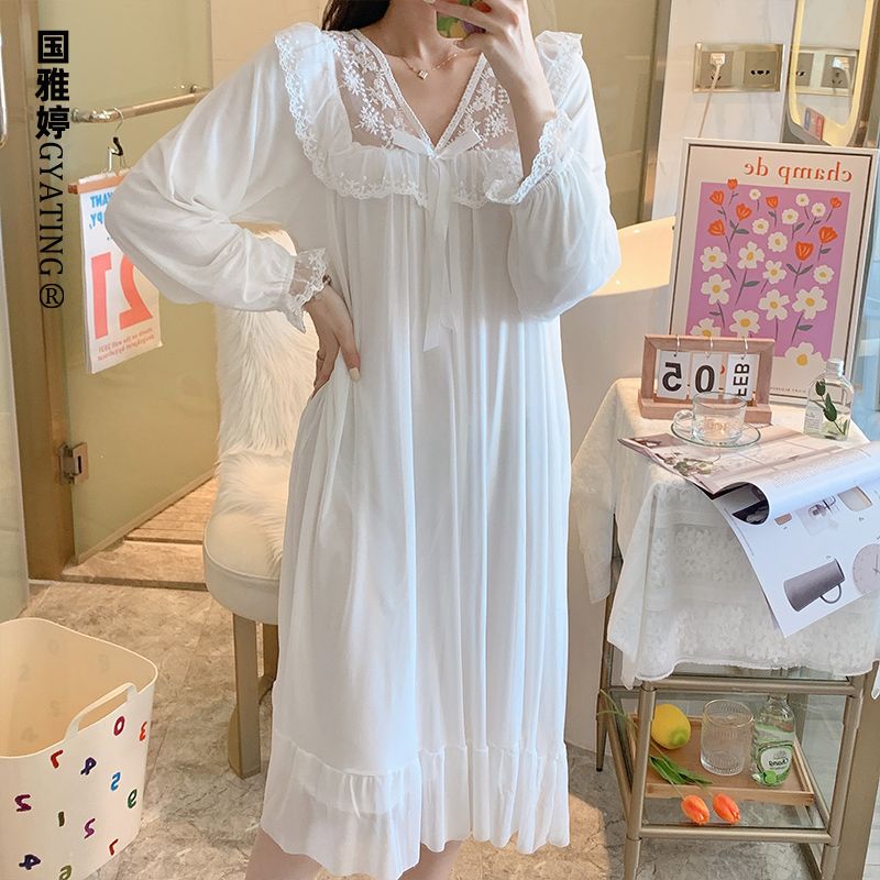 Palace style long-sleeved nightdress spring and summer over-the-knee long section lace sweet mesh pajamas dress princess wind home service