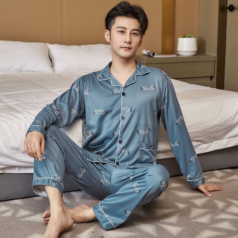 男士睡衣春秋款棉质长袖青中年薄款加大码宽松家居服