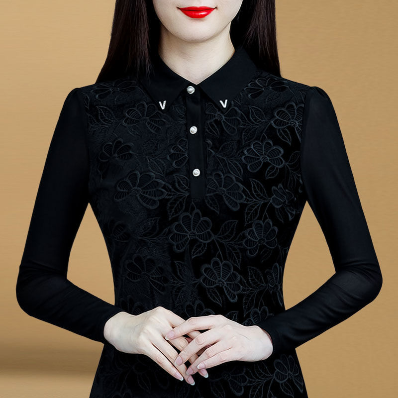 【加絨/不加絨】蕾絲打底衫女春秋款上衣大碼女裝2023年新款小衫