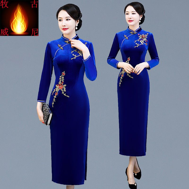 Heavy Industry Embroidery Improved Cheongsam Dress Covering Meat Western Style Autumn and Winter Ethnic Style Slit Dress Xi Grandma Dress Female