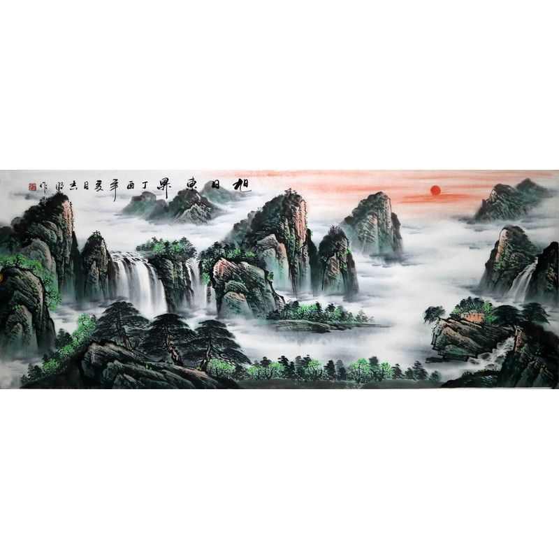 纯手绘小六尺横幅客厅真迹写意旭日东升山水画名人字画中国画书画