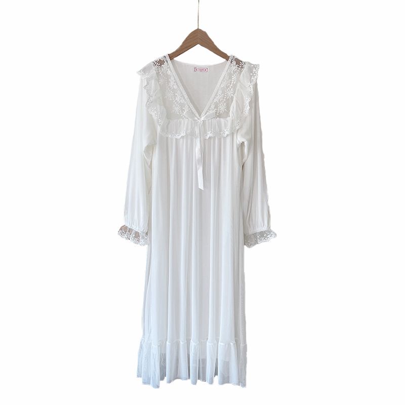 Palace style long-sleeved nightdress spring and summer over-the-knee long section lace sweet mesh pajamas dress princess wind home service