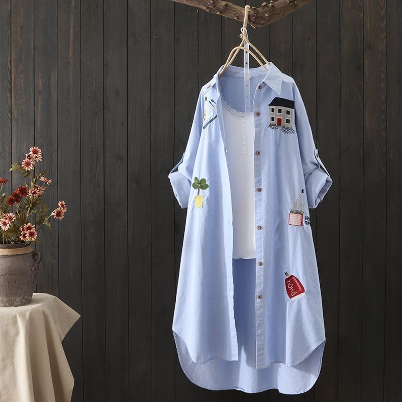  Summer Cotton Shirt Women's New Loose Mid-Length Top Literary Women's Embroidered Shirt Sun Protection Clothing for Women