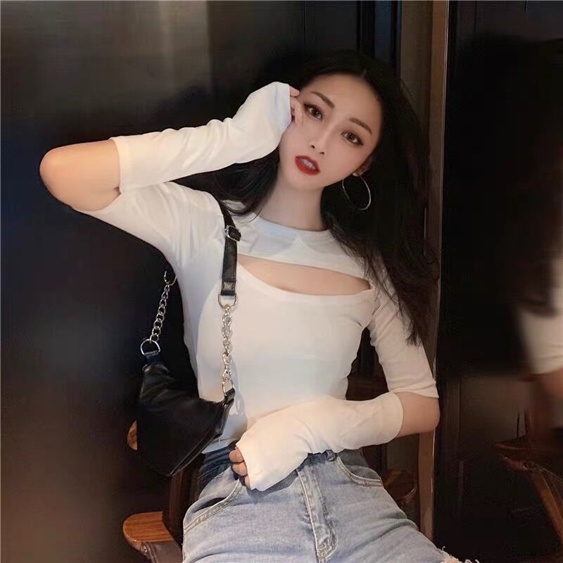 Pure desire style sexy hollow chest long-sleeved tight top ladies autumn and winter inner bottoming shirt early autumn outerwear T-shirt