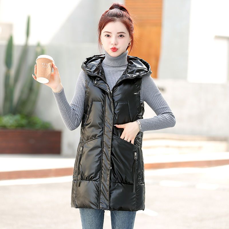 Bright face vest ladies mid-length  new autumn and winter vest down cotton black waistcoat vest outerwear coat