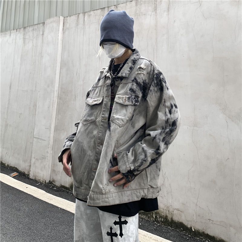 European and American high street washed old tie-dye denim jacket men's ins super hot fried street ruffian handsome couple casual jacket tide