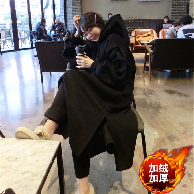 Fat MM extra large size 300 catties sweater long skirt autumn and winter loose hidden meat slim plus velvet thickened hooded dress