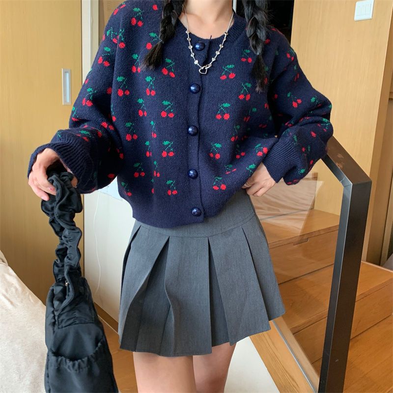 Sweater women's all-match loose knitted cardigan  new autumn and winter lazy style Japanese cherry jacquard jacket