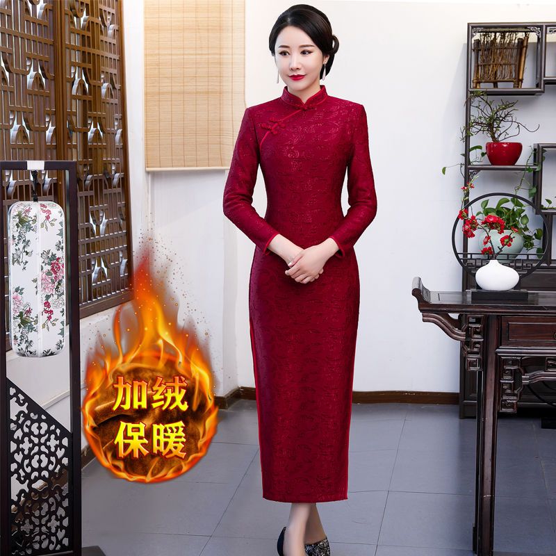 【加絨/不加絨】高檔旗袍秋冬款氣質遮肚喜媽媽裝旗袍連衣裙禮服