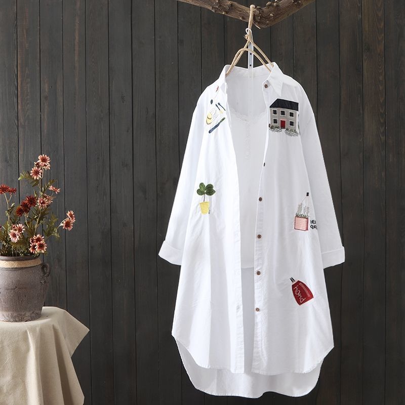  Summer Cotton Shirt Women's New Loose Mid-Length Top Literary Women's Embroidered Shirt Sun Protection Clothing for Women