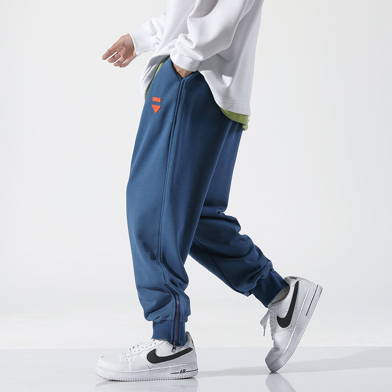 Summer sports trousers bundle feet men's pants loose large size blue fat trendy side zipper trousers casual trousers men