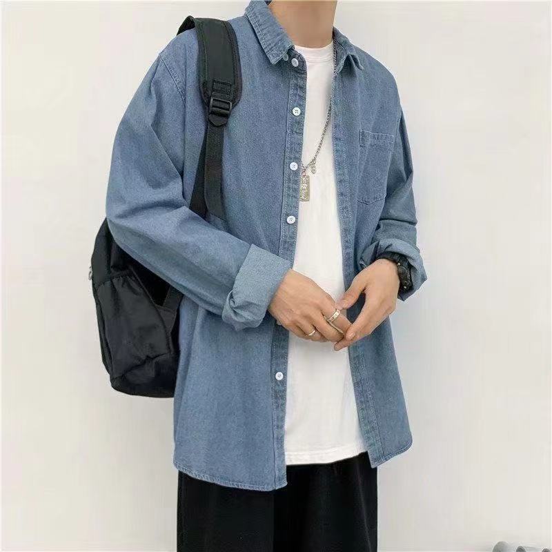 Denim shirt men's loose autumn Hong Kong style Japanese label long-sleeved tooling shirt all-match autumn jacket jacket