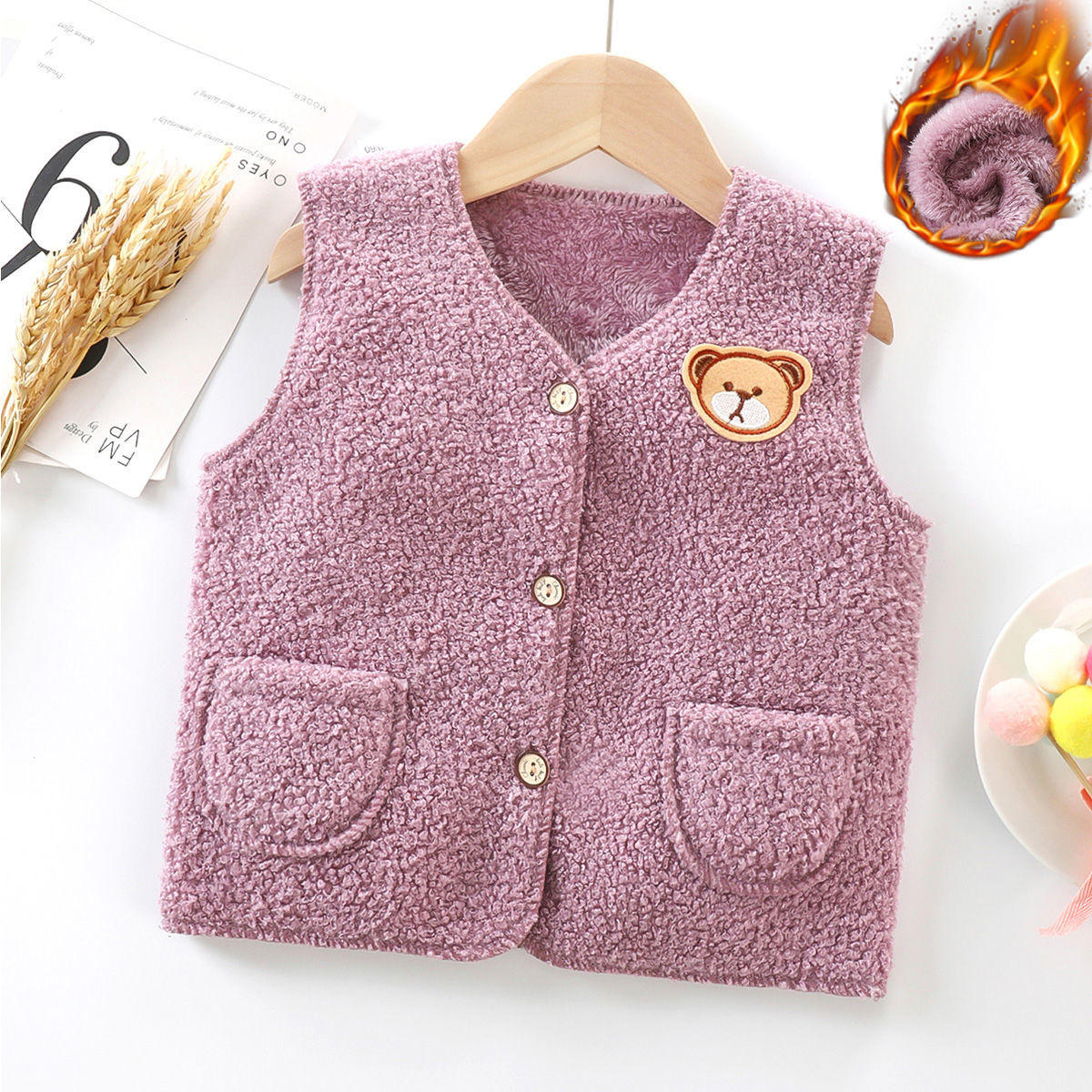 2022 new children's lamb velvet vest thick spring and autumn baby warm cotton vest boys and girls wear inside and outside the tide