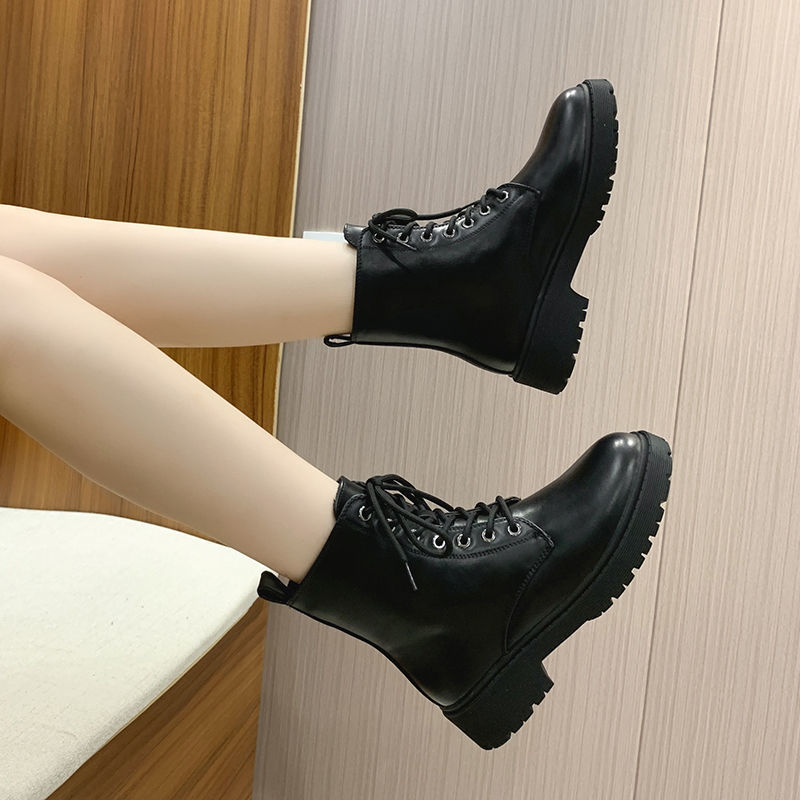 软皮短靴系带黑色帅气马丁靴女英伦风秋冬新款韩版短靴ins潮