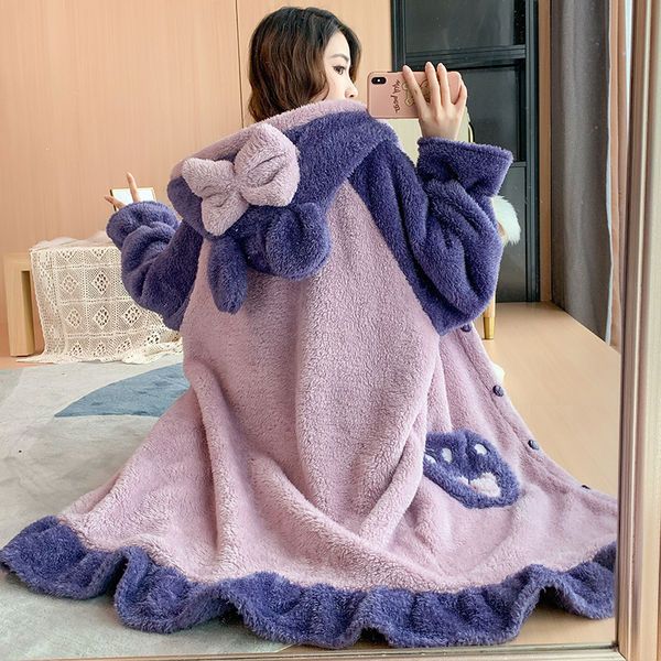 Coral fleece pajamas women's autumn and winter fat plus size suit fat mm200 catties long hooded nightgown home service