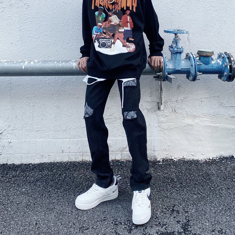 美式街頭腰果花貼布黑色牛仔褲男ins潮牌高街hiphop修身直筒褲子