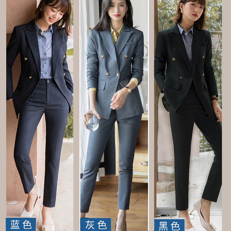 西装外套女春秋高端2022新款高级感蓝色条纹正装小西服职业装套装