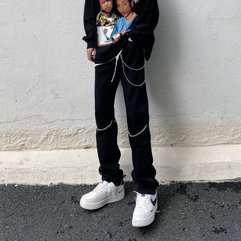 高街美式鏈條黑色牛仔褲男ins潮牌hiphop修身百搭設計感工裝長褲