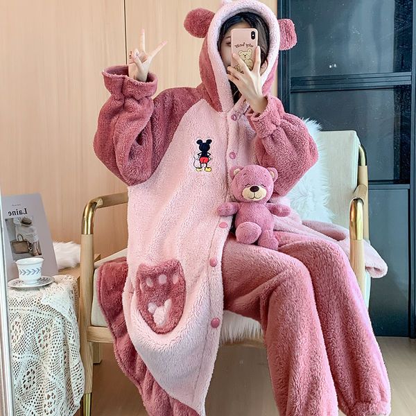 Coral fleece pajamas women's autumn and winter fat plus size suit fat mm200 catties long hooded nightgown home service