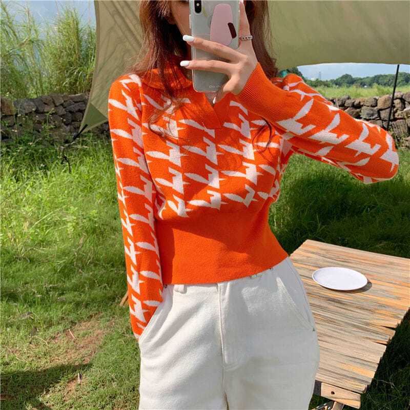 Sweater  all-match knitted sweater western style new women's autumn and winter short section long-sleeved houndstooth lazy style bottoming top