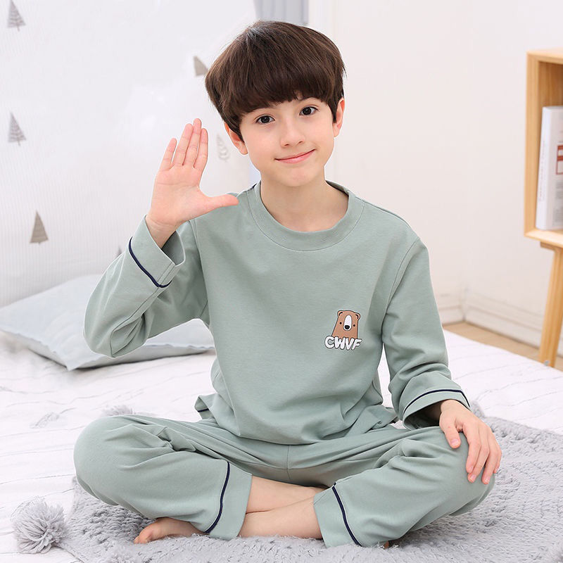 Children's pajamas, boys' long sleeved trousers, spring and autumn new boys' middle and large children's air-conditioning clothes, home clothes, suit, thin velvet summer