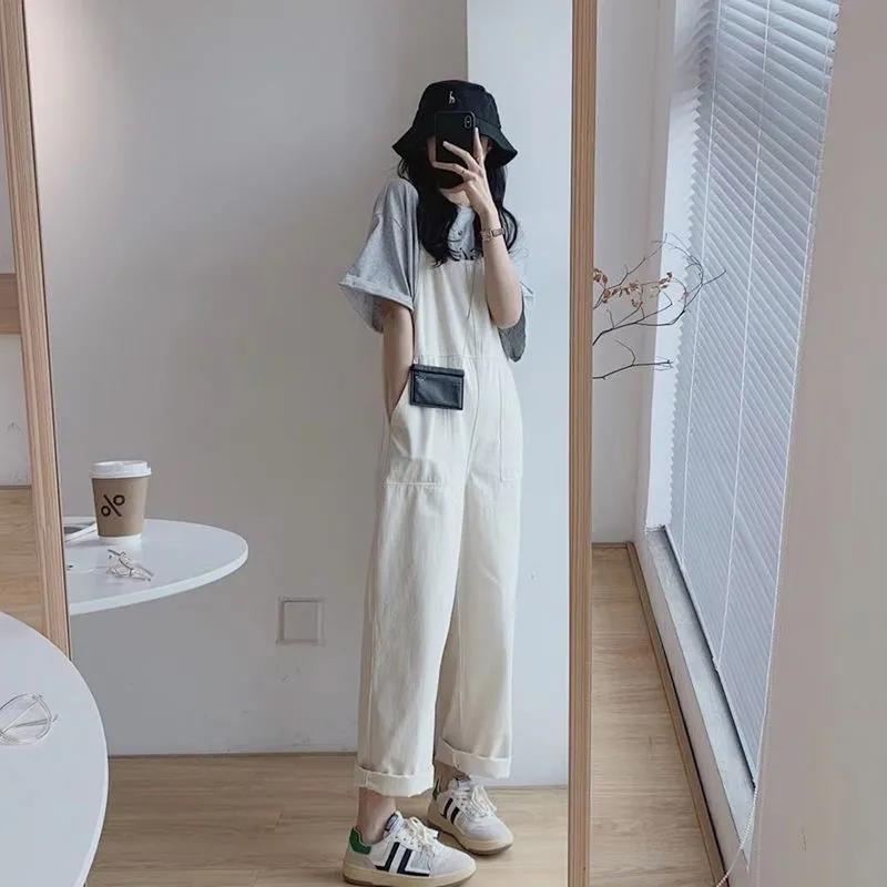 New cream denim overalls women's spring and autumn age-reducing loose small slim one-piece pants wide-leg pants trendy
