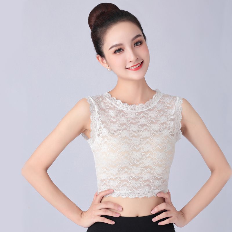 Joker lace bottoming shirt women's black and white crew neck vest short hollow sleeveless lace foreign style shirt