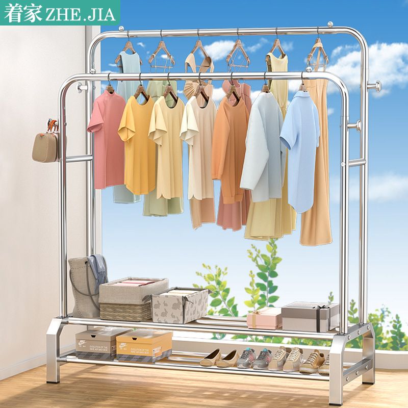 简易不锈钢双杆阳台晒衣服落地立式家用晾衣架卧室挂衣帽架